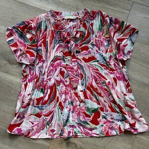 Sunny Leigh Pleated Tie Neck Short Sleeve Top In Magdelena Womens Medium